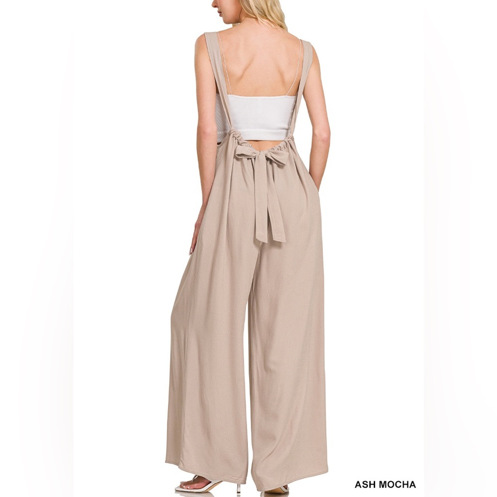 Woven Tie-Back Suspender Jumpsuit in Ash Mocha - Picture 2 of 3